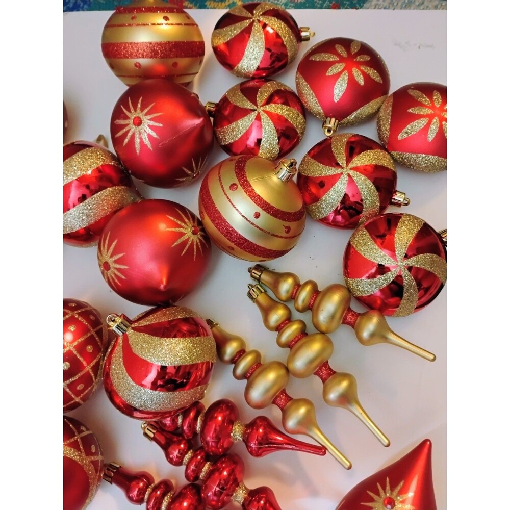 Vtg Glass Christmas Ornaments 26 Pc Lot Red Gold Finial Teardrop Stencil